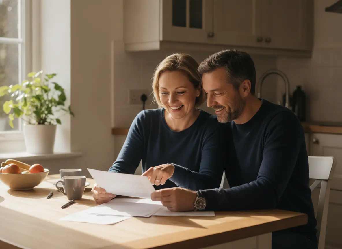 A couple reviewing a document together at home