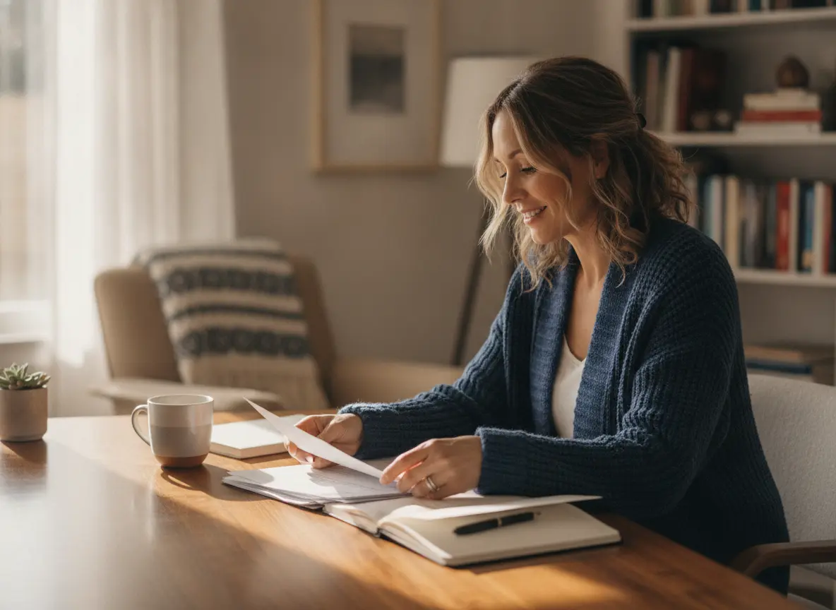 A relaxed adult reviewing paperwork at a home desk