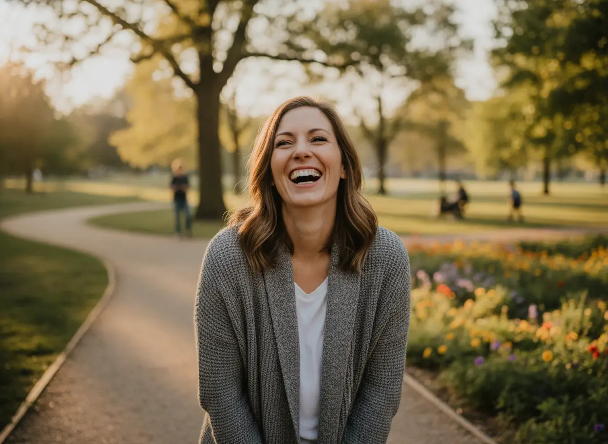 A woman laughing outdoors with a bright, healthy smile