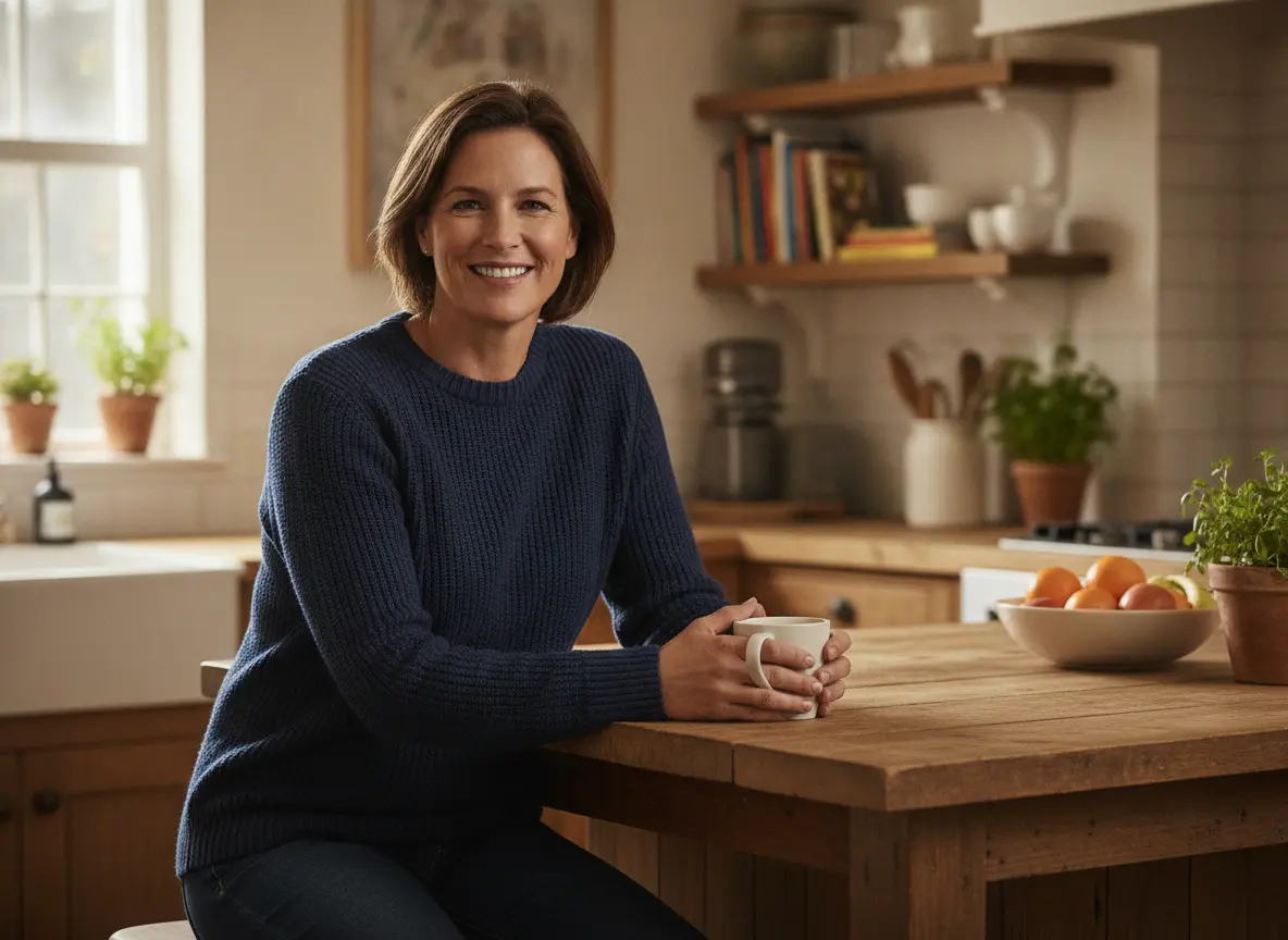 A confident adult with a warm, natural smile at home
