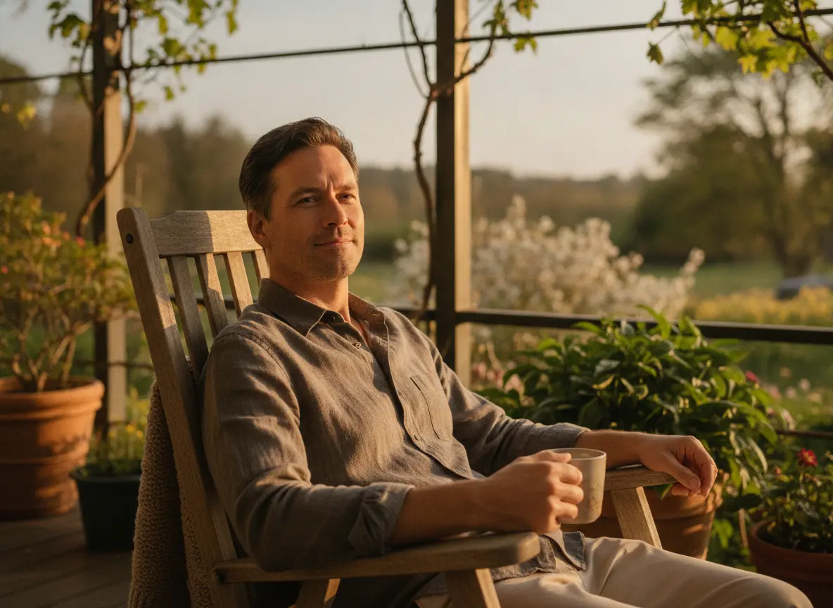 A calm adult relaxing comfortably at home